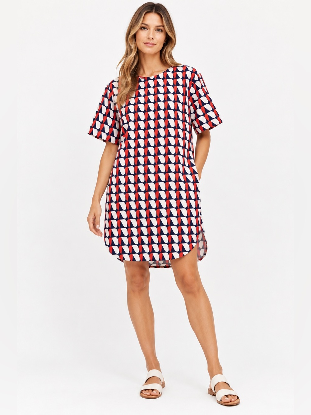 COS/ oversized Printed shift Dress geometric, red, white, and blue 2